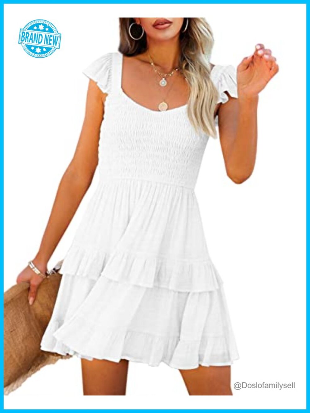 Women Smocked Ruffle Babydoll Mini Sundress Backless Sweetheart